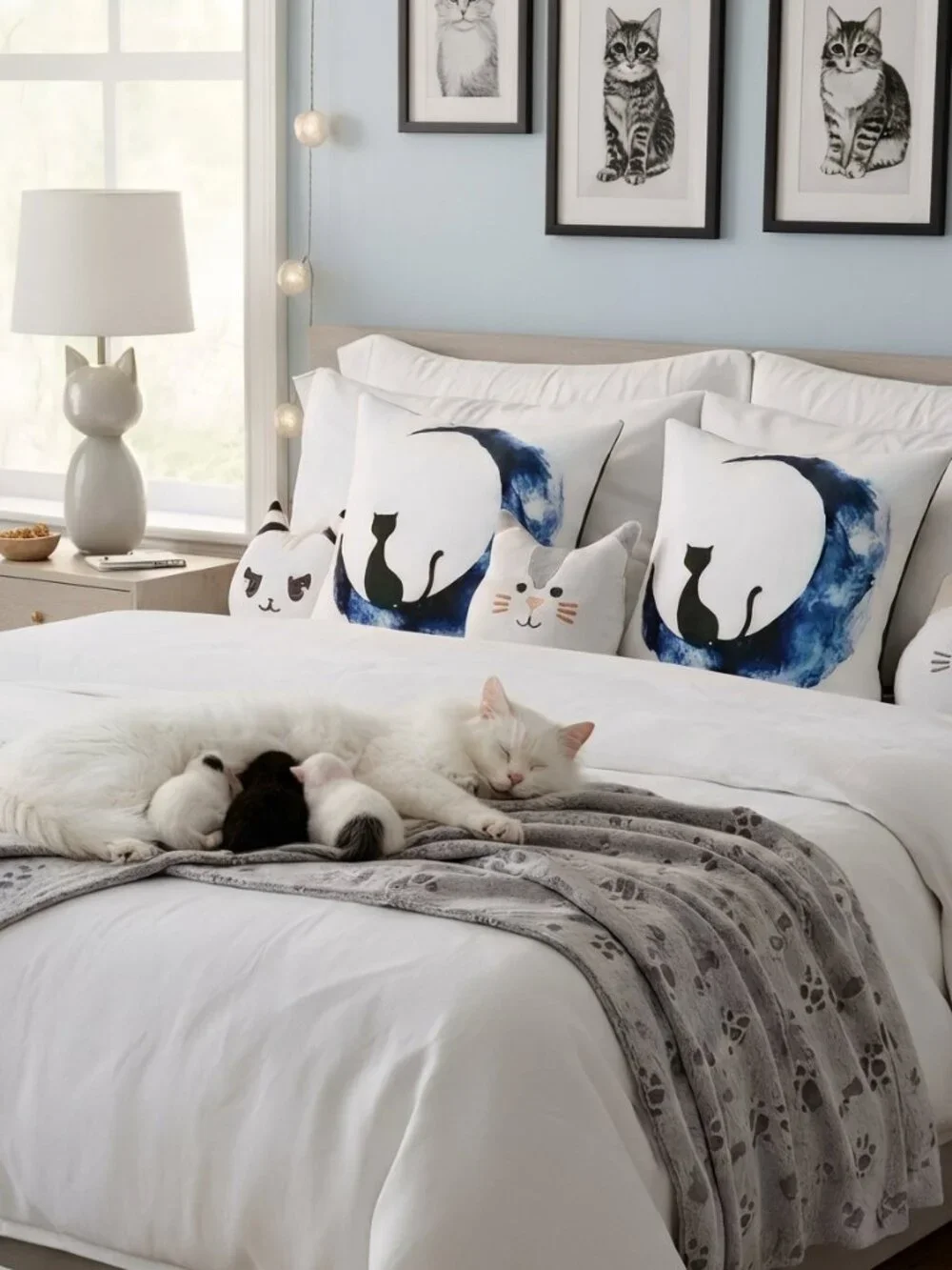 Set 2 Black Cat Blue Moon Watercolor Pillow Cushion Covers 18x18 Whimsigoth